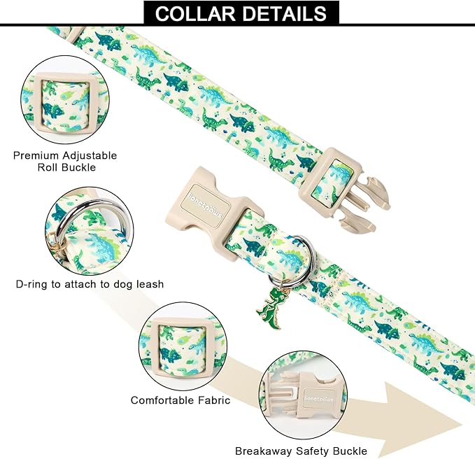 Lionet Paws Green and Blue Dinosaur Dog Collar- Cute Stegosaurus and Raptor Beige Dog Collars with Plastic Buckle,Light Adjustable Dog Collars for Small Dogs