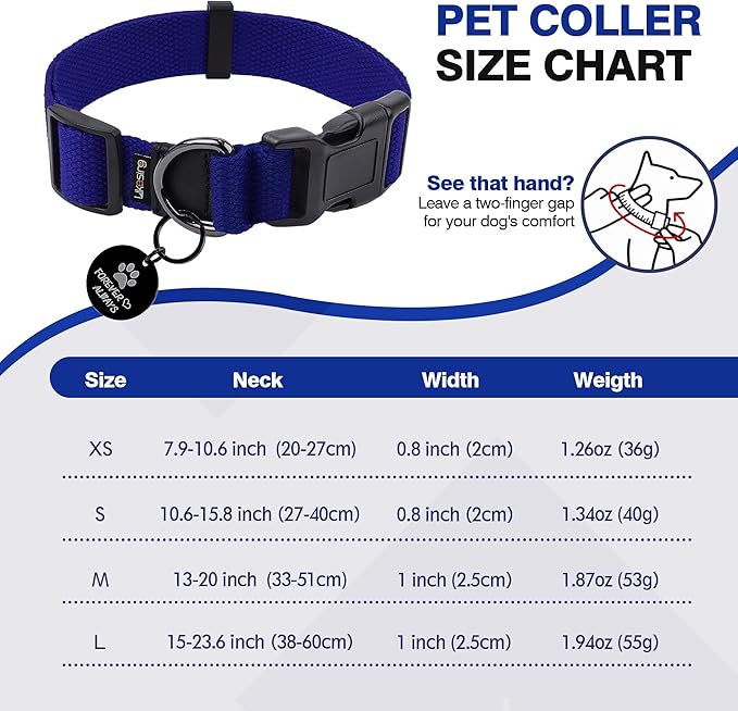 Cotton Soft Dog Collar, Quick Release Dog Collar with Buckle, Heavy-Duty Adjustable Pet Collar for XS Small Medium Large Dog, Colorfast Dog Collars with Removable Tag(M, Blue)