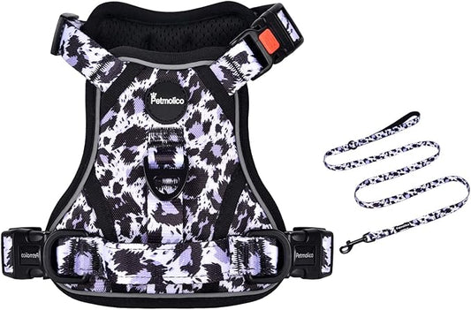 Petmolico No Pull Dog Harness and Leash Set, No Choke 4 Leash Attchments Easy Control Handle Soft Padded Reflective Vest Dog Harness for Small Dog Breed, Purple Leopard Small