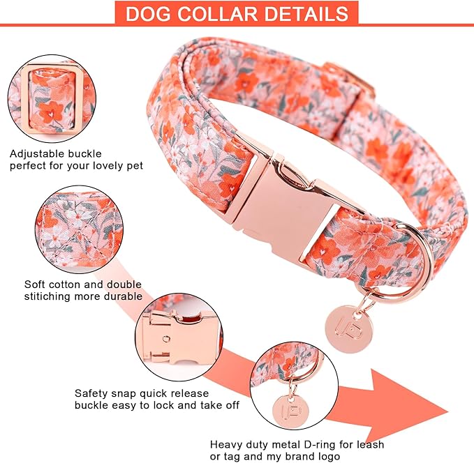 Dog Collar for Summer,Orange Flower Dog Collar,Cotton Puppy Collar with Adjustable Buckle for Small,Medium,Large Girl Boy Dog