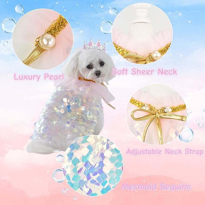 FLAdorepet Dog Princess Dress Costume with Rhinestones Crown,Pet Cat Cape Cloak Birthday Party Wedding Dress Up Outfits,Rainbow Mermaid Halloween Costume Clothes,Small