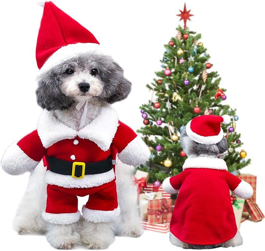 QETRABONE Small Dog Cat Christmas Santa Claus Costume - Red Santa Hat Scarf Cosplay Dressing Up Xmas Party New Year Clothing Accessories (X-Large)