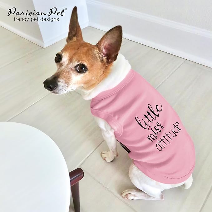 Parisian Pet Dog Tshirt - Embroidered “Little Miss Attitude“ Tank Top - 100% Cotton, Lightweight Dog Clothes Female - Sleeveless Pink Tee Shirts for Large Dogs Girl - L