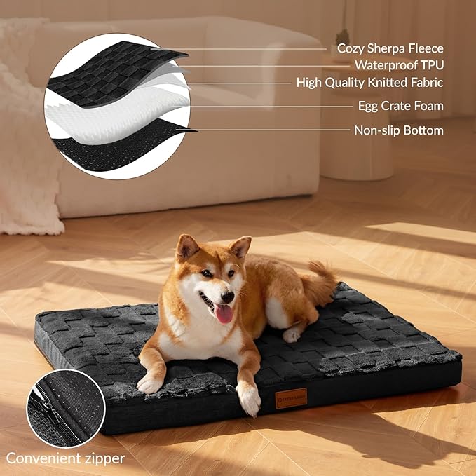 Patas Lague Orthopedic Dog Bed for Small Dogs, Waterproof Soft Warm Comfortable Egg Crate Foam Small Pet Beds Mat with Removable Washable Cover and Nonskid Bottom, 20''X15'' Black
