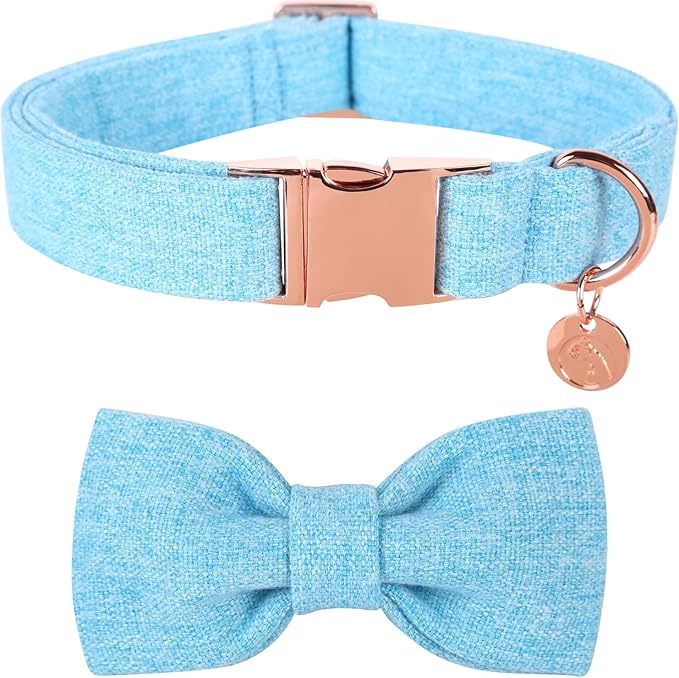 DOGWONG Hemp Cotton Dog Collar with Bow Blue Pet Collar Durable Adjustable Puppy Collar for Small Medium Large Dogs