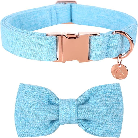 DOGWONG Hemp Cotton Dog Collar with Bow Blue Pet Collar Durable Adjustable Puppy Collar for Small Medium Large Dogs