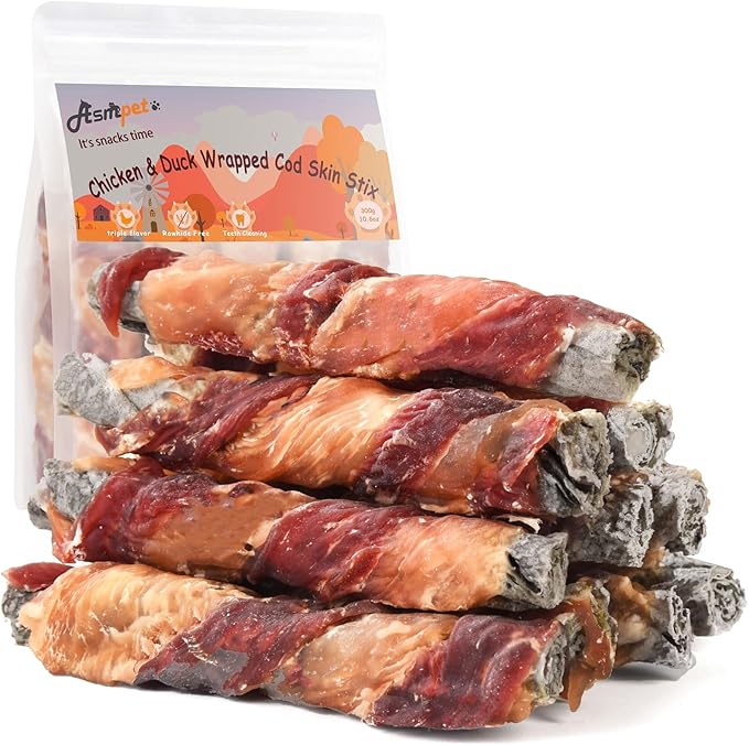 ASMPET Dog Treats, Chicken&Duck Wrapped Cod Skin Rich in Omega 3 Rawhide-Free Grain-Free High Protein Low Fat Healthy Dog Chews for Small Medium Large Breeds 10.6 oz