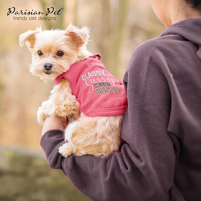 Parisian Pet Dog T-Shirt with Embroidered 'Classy, Sassy and Bit Bossy' Words - 100% Cotton, Pink Dog Clothes - Cute Pet Vest - Machine Washable Dog Shirt for Large Dogs, 3XL