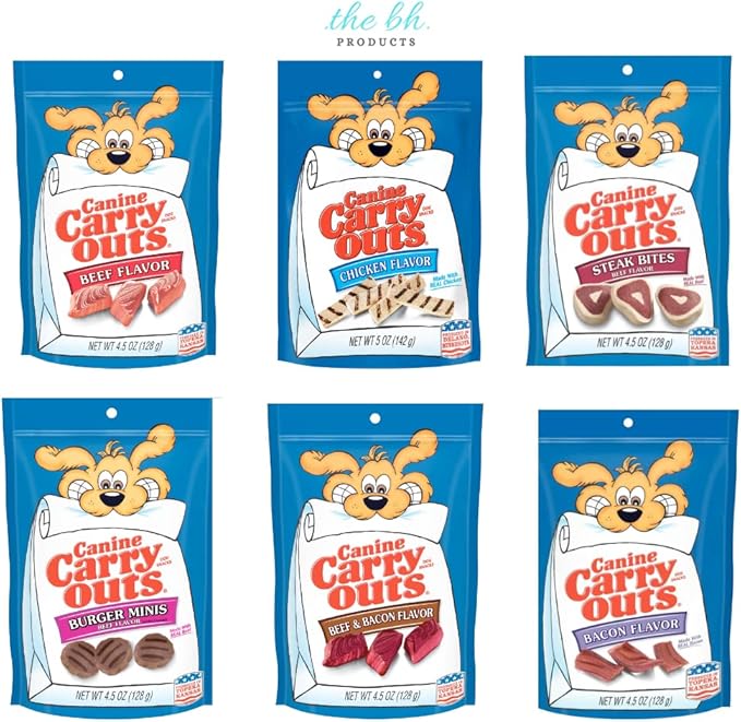 Canine Carry Outs Variety 6 Pack Bundle with Chicken, Bacon, Beef & Bacon, Burger Minis, Steak Bites, and Beef Flavors Sticker