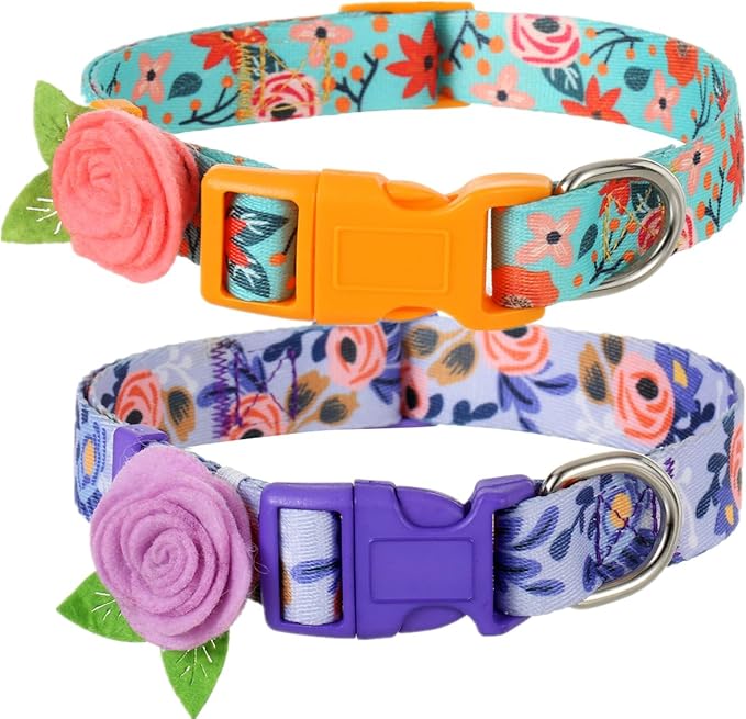 2 Pack Spring Dog Collar for Small Dogs, Quick Release Floral Dog Collar Girl with Flower Bow