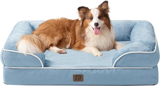 EHEYCIGA Orthopedic Dog Beds for Large Dogs, Waterproof Memory Foam Large Dog Bed with Sides, Non-Slip Bottom and Egg-Crate Foam Pet Couch Bed with Washable Removable Cover, Washed Blue