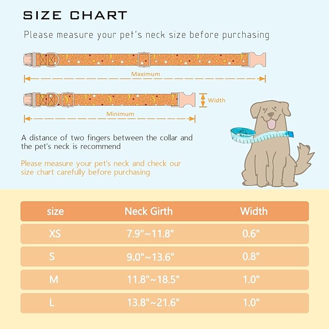 Faygarsle Orange Stars Moon Pattern Dog Collar for Small Medium Large Dogs Cute Puppy Collars for Female Dogs for Summer Spring Wedding Necklace Girl Dog Collar M