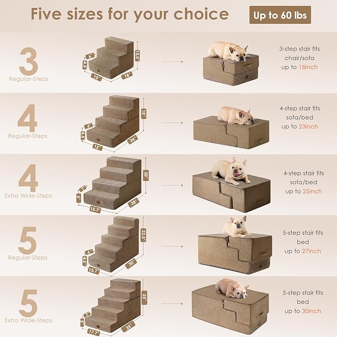 EHEYCIGA Dog Stairs for High Bed 25”H, 5-Step Extra Wide Dog Steps for Bed, Pet Steps for Small Dogs and Cats, Non-Slip Balanced Dog Indoor Ramp, Camel