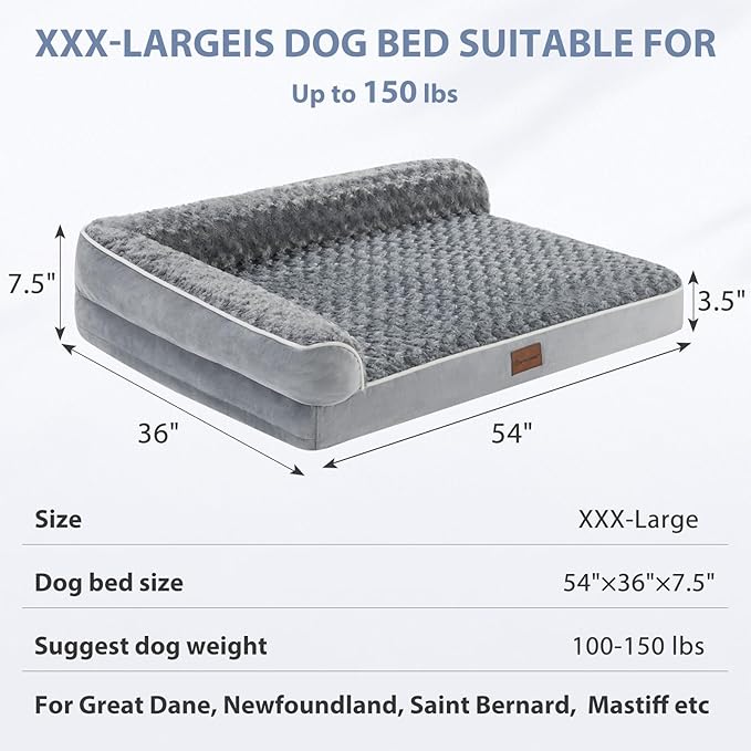 BFPETHOME Orthopedic Dog Bed for Extra Large Dogs - Big Waterproof Sofa Dog Bed with Removable Washable Cover, L-Shaped, Grey