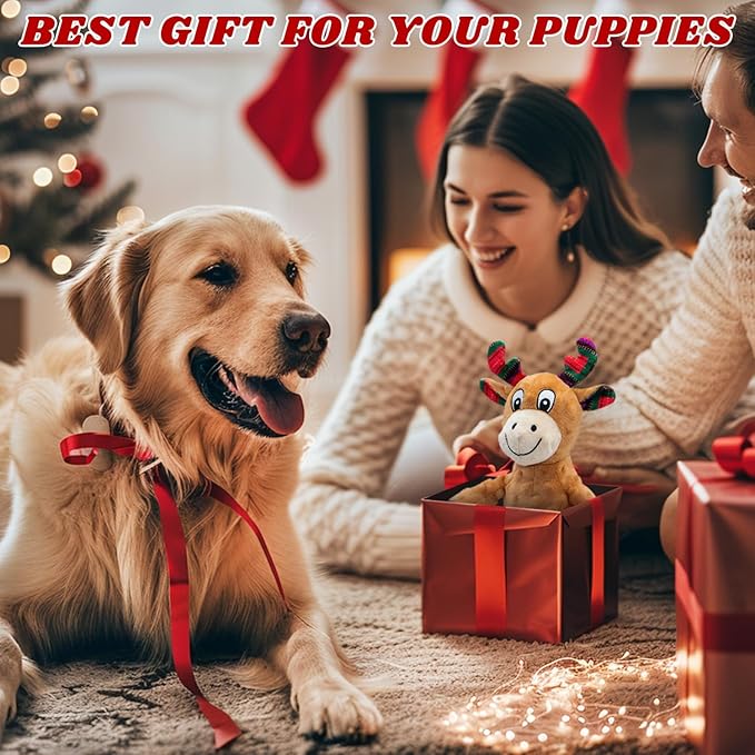 Dog Toys Squeaky Interactive Puppy Teething Chew Toy Deer Shape Stuffed PP Cotton Crinkle Sound Paper Tail, for Large Medium Small Breeds Indoor Outdoor Play