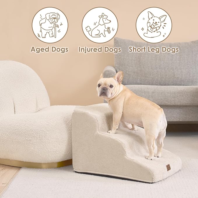 EHEYCIGA Curved Dog Stairs Ramp for Small Dogs 15.7" H, 3-Step Dog Steps for Couch Sofa and Chair, Pet Stairs for Cats, Non-Slip Balanced Pet Steps Indoor, Beige