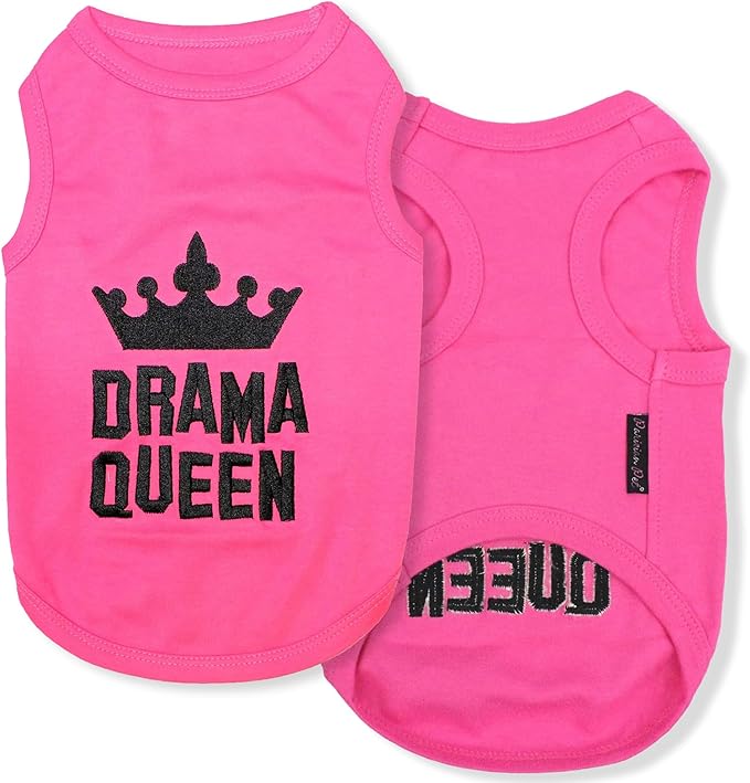 Parisian Pet Dog Tshirt - Embroidered “ Drama Queen “ Tank Top - Breathable and Lightweight Dog Clothes - Sleeveless Pink Tee Shirts - Machine Washable Shirts for Small Dogs Girl - XXS