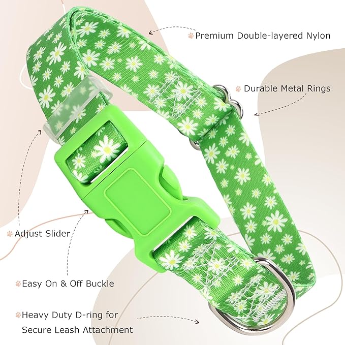 Dog Collars for Medium Dogs, Cute Green Dog Collar with Daisy Flowers for Boy Girl Dogs, Adjustable Comfy Soft Pet Collar with Safety Buckle for XS Small Medium Large Dogs(M)