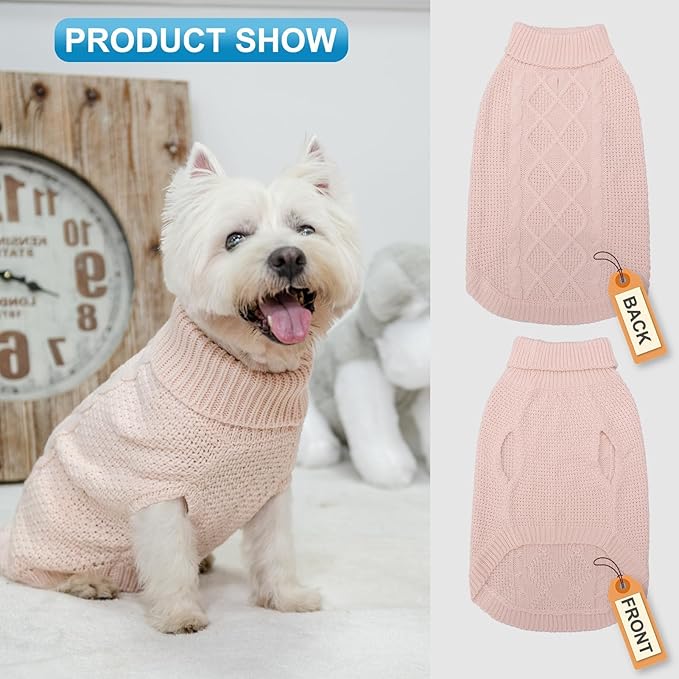 Mihachi Turtleneck Dog Sweater - Winter Coat Apparel Classic Cable Knit Clothes with Leash Hole for Cold Weather, Ideal Gift for Pet in New Year Rosy X-Small
