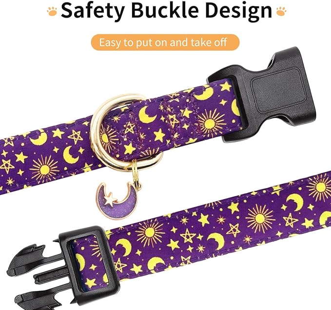 Cotton Dog Collar,Adjustable Cute Puppy Collar with Moon Patterned Design for Small Medium Large Dogs,Soft and Fancy Pet Collar with Safety Buckle for Girl Boy Dogs (Purple Moon, L)
