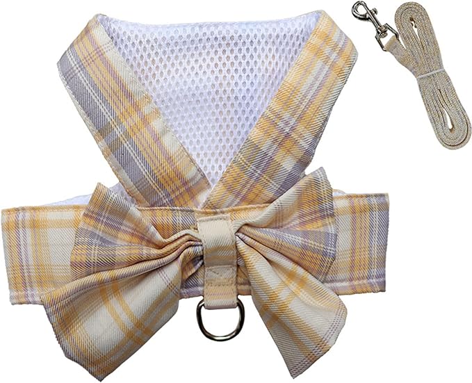 Dog Harness and Leash Set, Cute Bow Tie Plaid Harnesses for Puppy Cat, Adjustable Pet Kitties Vest, Breathable Harness Traction Rope for Boy Girl Small Animal(Skirt White,S for 3.3-5.5lbs Dog)