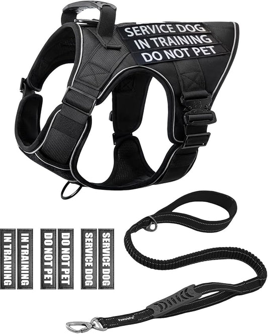 Reflective Service Dog in Training Vest Harness Leash Set for Medium Large Dogs, Adjustable Heavy Duty Black Padded Dog Harness, with Front Clip and Metal Buckles Do Not Pet for Training, Hiking