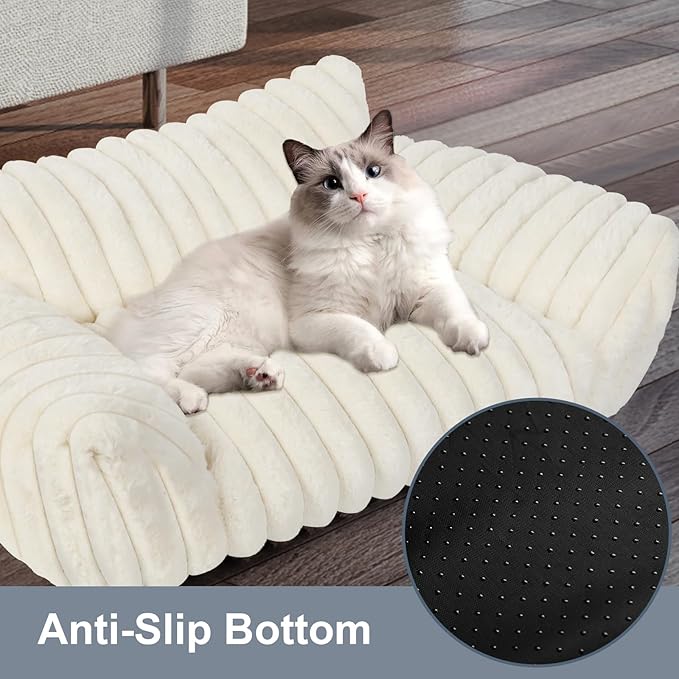 Cute Cat Couch Bed for Indoor Cats, Fluffy Pet Cat Sofa with Premium Soft Corduroy Fleece, Cute Small Dog Beds for Small Dogs, Fuzzy Puppy Chair with Removable Washable Cover (30x20x10,Cream)