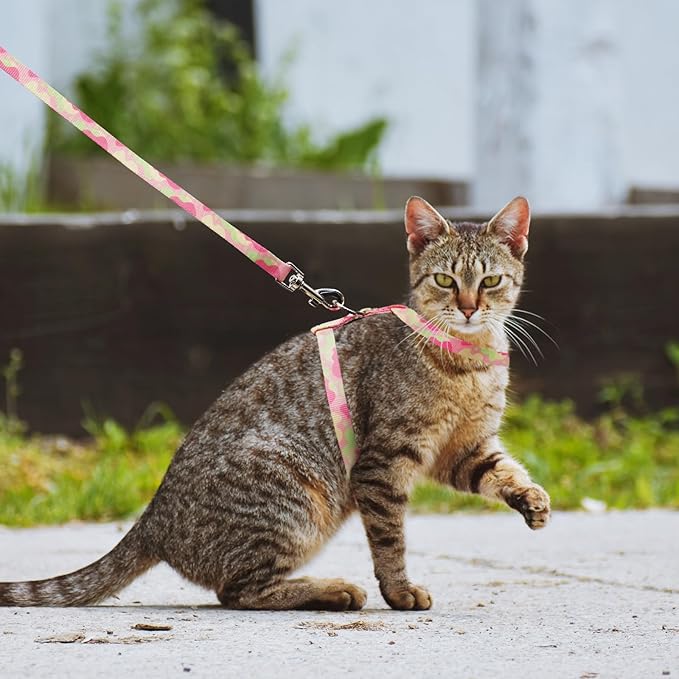 azuza Cat Harness and Leash Set for Safe Walking and Travel, Escape Proof Cat Harness, Lightweight Soft and Comfortable, Adjustable Kitten Harness for Small Medium Large Cats, Pink Camo