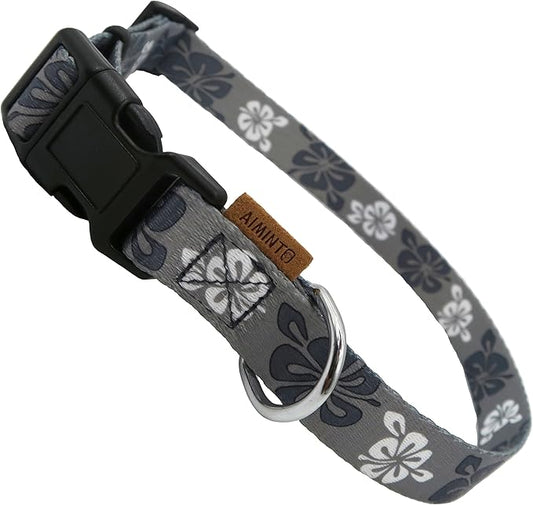 Dog Collar, Cute Floral Pattern, Soft and Adjustable Collar with Quick Release Buckle (XS (Neck 9-13", Width 3/8"), Hawaiian Grey)