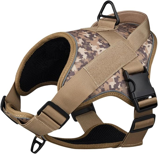 Reflective No Pull Dog Harness for Large Medium Dogs Adjustable Padded Vest 2 Leash Clips Easy Control Handle Soft Comfortable Tactical Military Grade Training Walking Hiking (Brown Camouflage M)