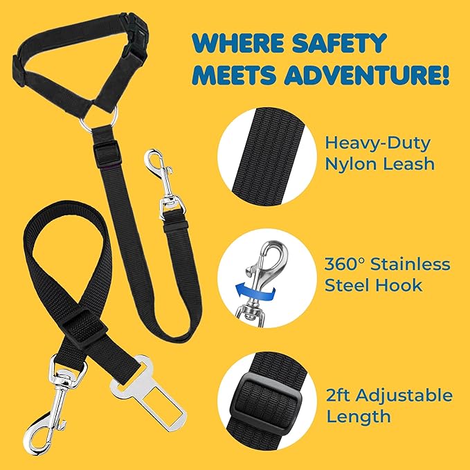 SunGrow Dog Seatbelt & Leash, Universal Vehicle Seatbelt Harness for Car Headrest, Pet Travel Essential, Adjustable Lead, Black Nylon, 19”-31” & 14-19” x 17-30”, 2 Pcs. Per Pack