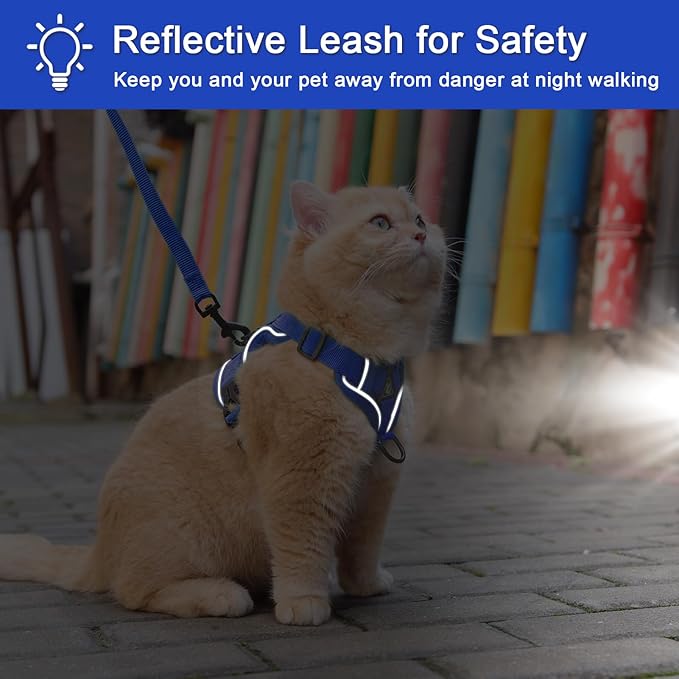 Cat Harness and Leash Set: Escape Proof Vest with Lead for Large Cat Small Dog Puppy Walking, Soft Jacket with Reflective Strips, L Blue