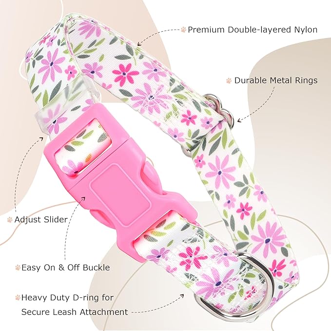 Dog Collars for Medium Dogs, Dog Collar with Flowers Patterns, Adjustable Comfy Soft Pet Collar for Small Medium Large Dogs (Floral M)