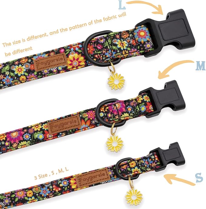 Faygarsle Floral Dog Collar for Girls and Female Dogs Soft and Fancy Pet Collar with Flower Design Ideal Black Dog Collar for Small Medium Large Dogs M