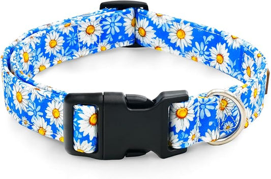 Tunkoo Blue Daisy Dog Collar, Cute Adjustable Premium Cotton Collar Durable Plastic Buckle for Small Medium Large Boys Girls Dogs, M