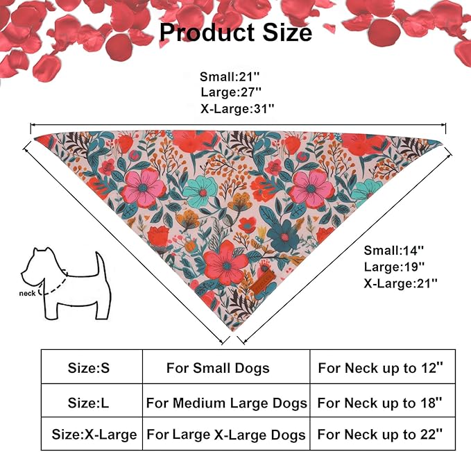 PTDECOR Flower Dog Bandana,2 Pcs Floral Reversible Dog Scarf, Multi Size, Triangle Pet Bandanas for Extra Large Dogs (Flower, X-Large)