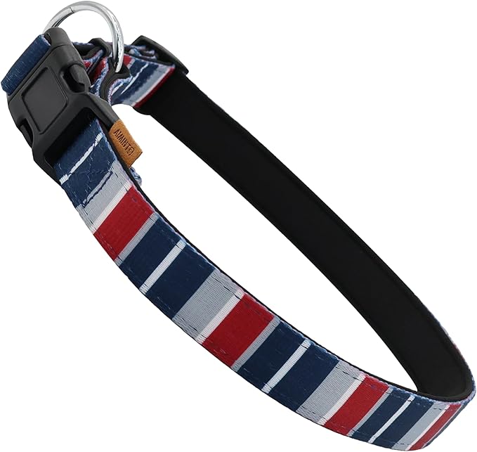 Dog Collar, Cute Multi Stripe Pattern, Neoprene Padded and Adjustable Collar with Quick Release Buckle, Reinforced Structure (L (Neck 18-28", Width 1"), Rainbow Navy)