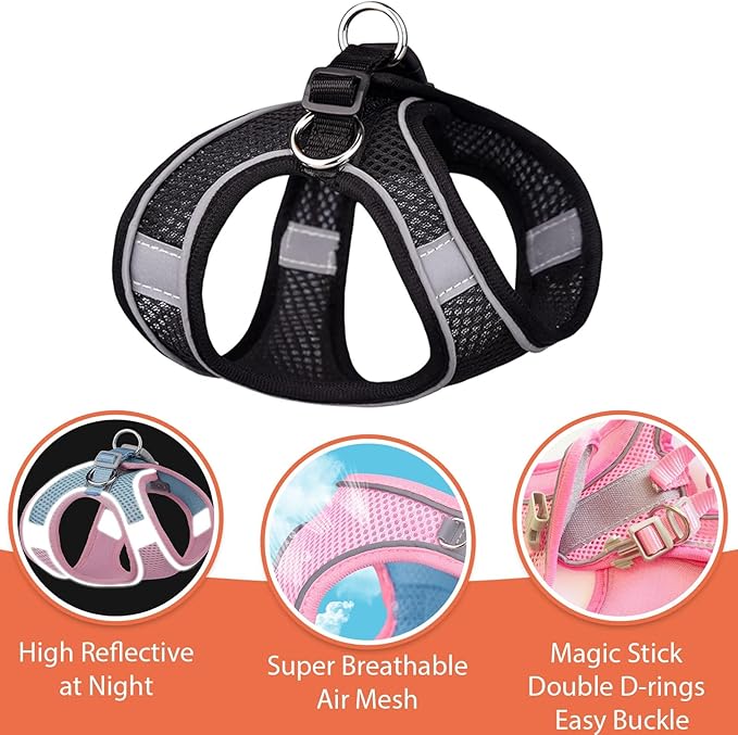 Soft Small Dog Harness and Leash Set Mesh Puppy Harnesses Leash Easy Walk Dog Vest Adjustable Reflective No Pull Dogs Harnesses for Small Dogs Cats (Black, XXS)