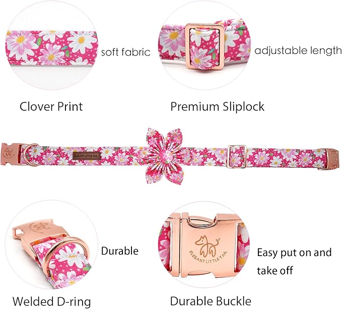 Elegant Little Tail Girl Dog Collar with Flowers - Pink Floral Pattern, Adjustable for Small Dogs