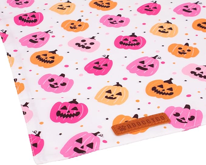 ADOGGYGO Halloween Dog Bandana, Pink Pumpkin Ghost Pet Scarf, Premium Durable Fabric, Adjustable Fit Female Halloween Bandanas for Small Dogs Puppies Cats (Small)