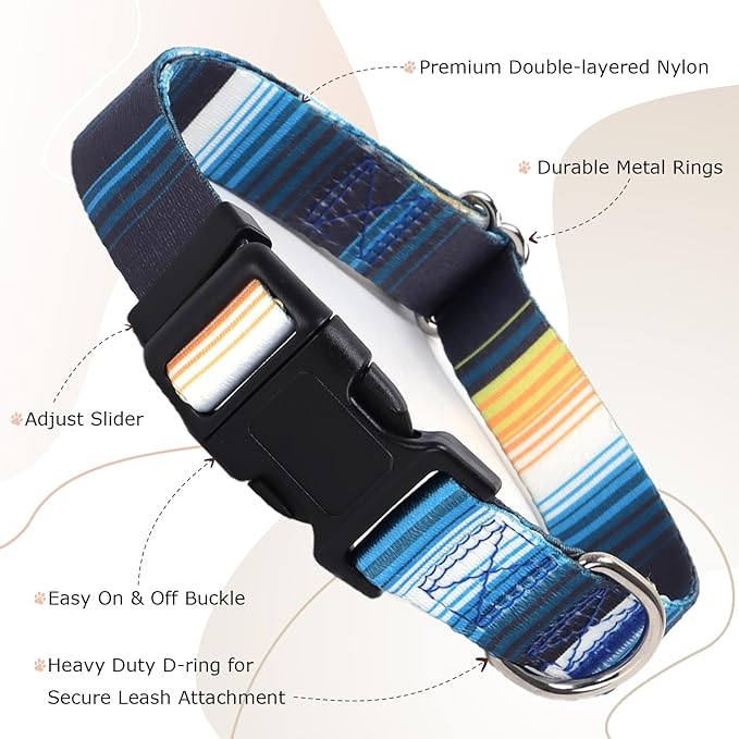 Dog Collars for Medium Dogs with Cute Blue Stripes Design for Boys Dog, Adjustable Soft Pet Collar for XS Small Medium Large Dogs (M)