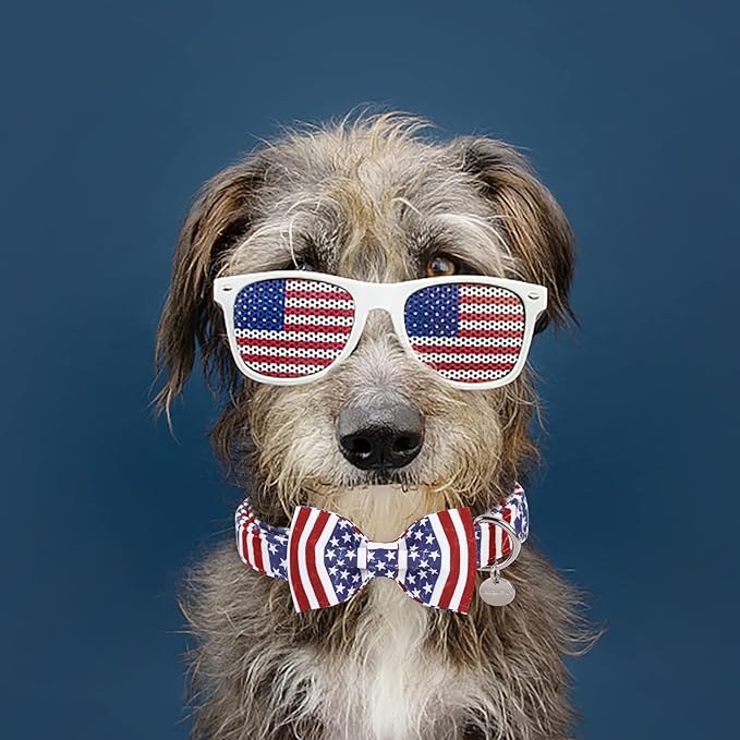 Dog Collar with Bow Tie, 4th of July Comfortable Cotton Dog Collar, American Flag Collar for Small Girl Boy Dog, Patriotic Bowtie Collar with Metal Buckle, S