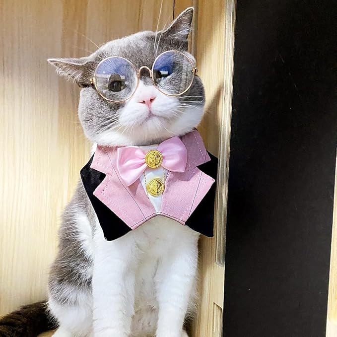 Dog & Cat Formal Wedding Bandana Collar with Bow Tie & Sunglasses (Pink)