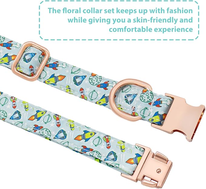 Dog Collar and Leash Set Adjustable Girls Puppy Floral Collars with Bow Tie for Small Medium Large Dogs(L, Rocket)