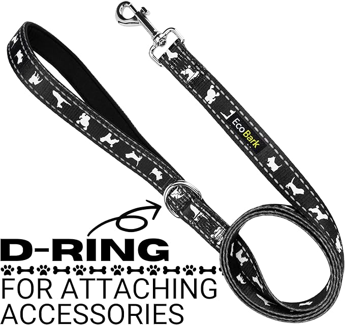 EcoBark Dog Leash - Soft & Reflective Comfort Training Leashes with Padded Handle - Strong Durable Heavy Duty - Training and Pulling for Small, Medium or Large Dogs (Black)