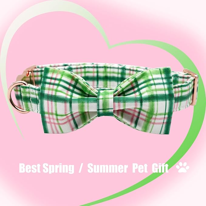 Elegant Little Tail Dog Collar with Pink & Green Plaid Bow - Cute Bowtie, Adjustable X-Small Puppy & Cat Collar