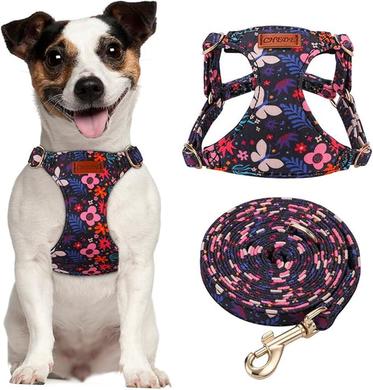 CHEDE No Pull Floral Pattern Dog Harness- Lightweight and Soft Dog Harness, Adjustable Small Dog Harness and Leash Set, with Dog Leash, Suitable for Puppy Small and Medium-Sized Dog