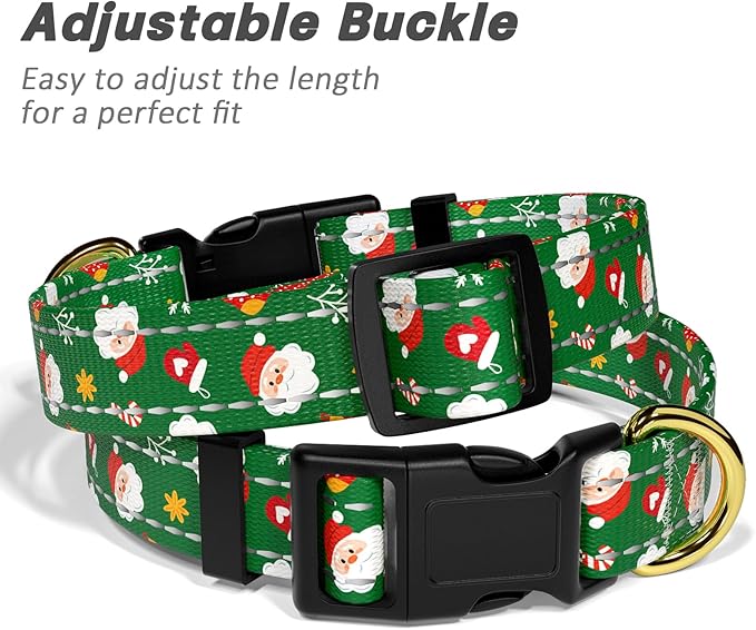 Reflective Dog Collar, Cute Christmas Style Dog Collar for Small Dogs, Soft Nylon Puppy Collar for Boy and Girl Female Dog, Adjustable Heavy-Duty Pet Collars with Quick Release Buckle, Green