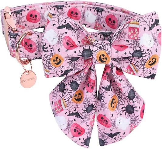 DOGWONG Fall Dog Collar with Bowtie - Fall Dog Collar Soft Cotton Autumn Dogs Necklace - Pink Halloween Puppy Necklace for Small Medium Large Dogs