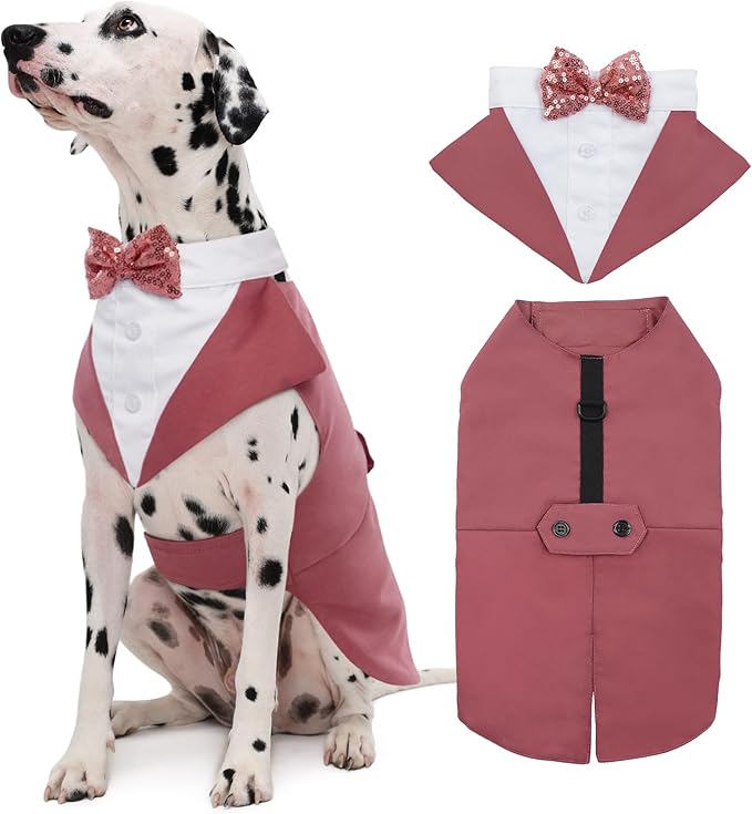 Kuoser Dog Tuxedo Dog Suit and Bandana Set, Dogs Tuxedo Wedding Party Suit, Doggy Prince Bow Tie Shirt Formal Pet Wedding Attire for Large Medium and Small Dogs Golden Retriever Samo Bulldogs